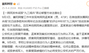 湖北襄阳网警：一男子发布诋毁九三阅兵言论被行政拘留